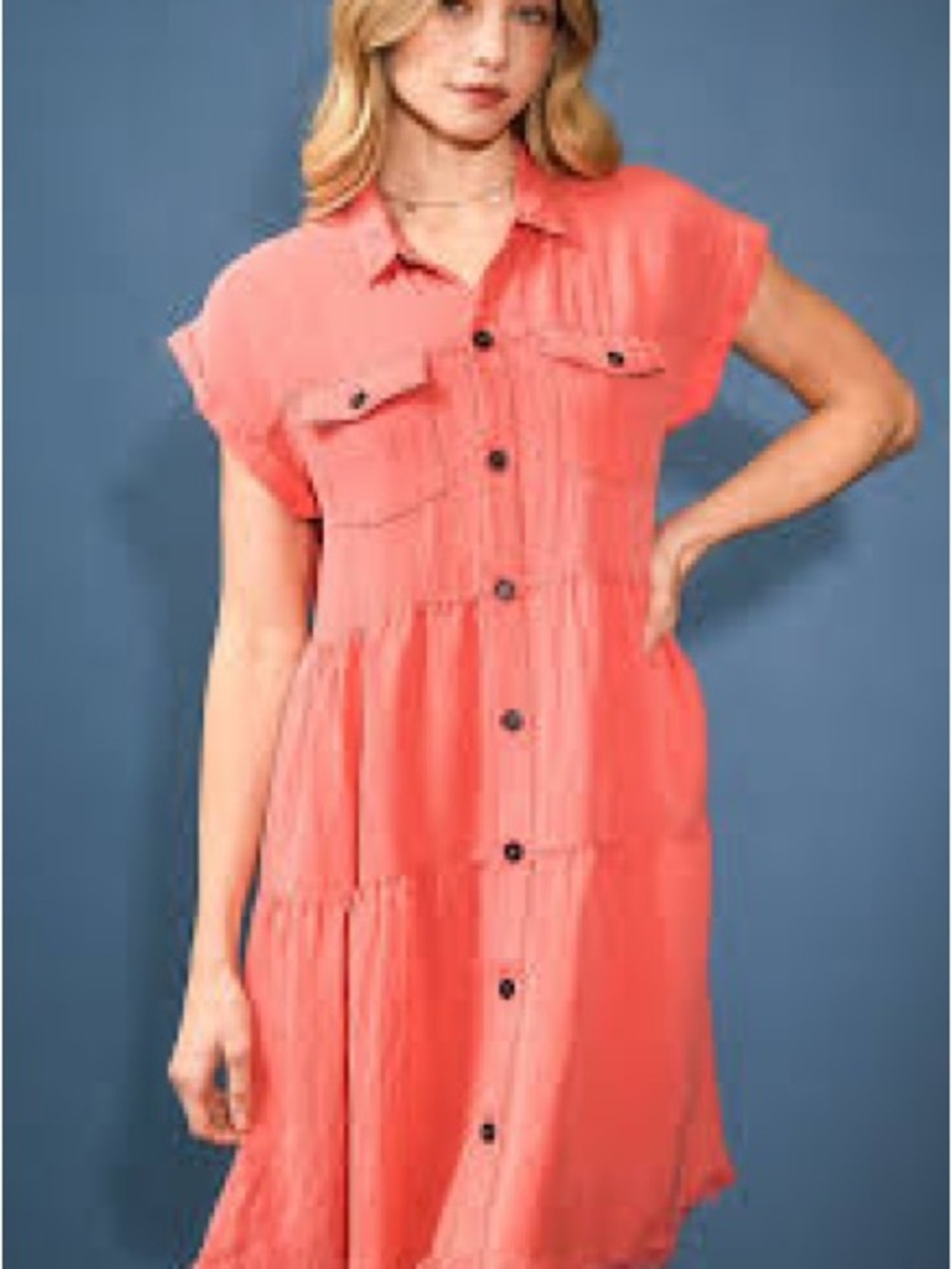 Umgee Coral Button-Front Tiered Dress mineral wash collared neck raw hem Small